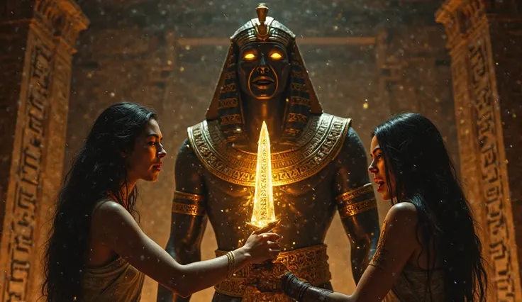 A dim, ancient chamber glows with faint golden runes on the walls. At its center stands Khepri, an immortal god with glowing golden eyes and a regal black-and-gold outfit adorned with scarab-like patterns. His chest is pierced by a dagger held by Anya, a d...