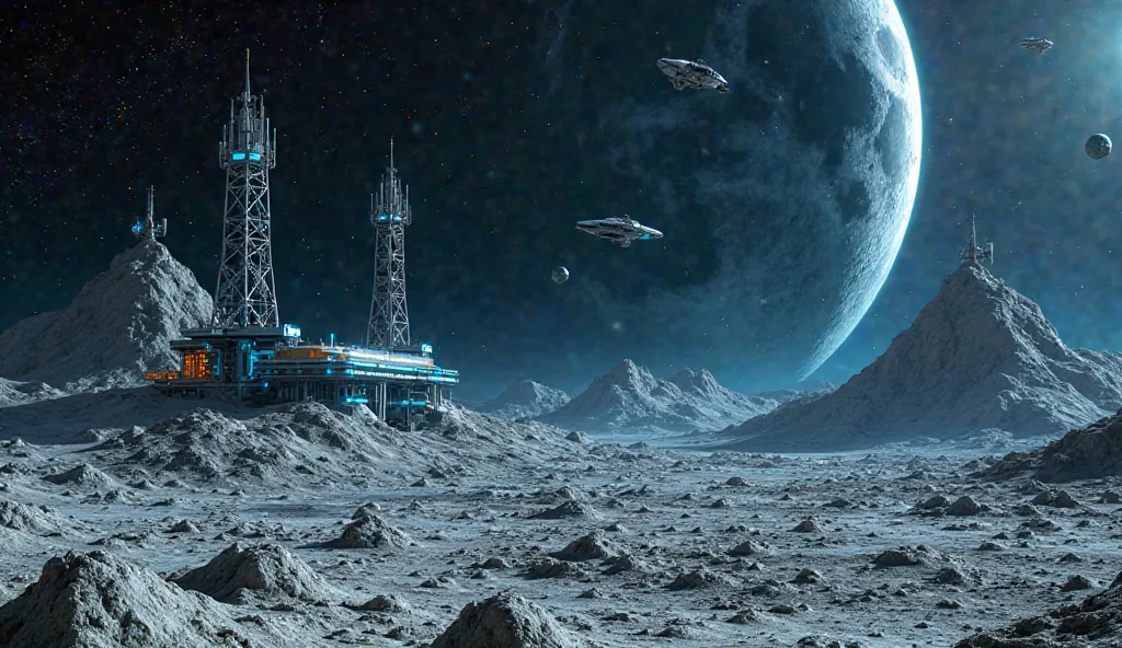 , "A stunning view from the far side of the Moon, revealing a secret alien space base. The base is partially camouflaged on the lunar surface, with futuristic metal structures and neon blue lighting. Tall towers and communications antennas stretch into spa...