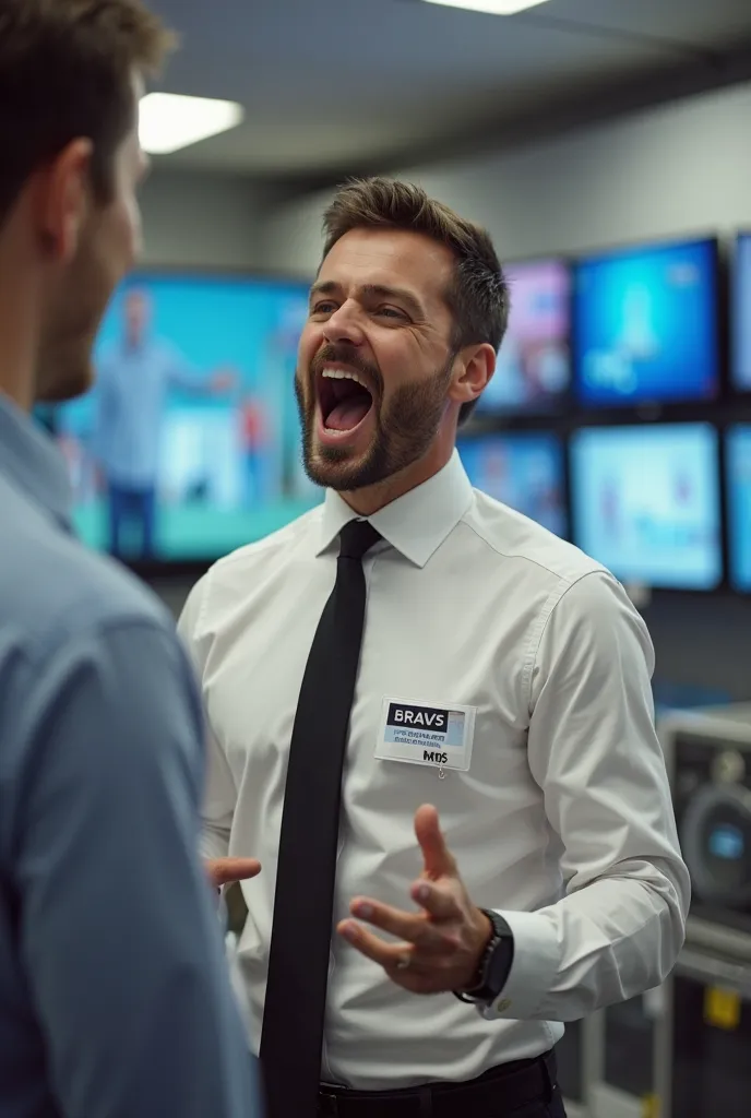 a television salesman at an appliance store, wearing a white dress shirt and a black tie, Bravo, and is yelling at someone, He has a badge on the corner of his shirt, And in the image you can see the televisions in the background