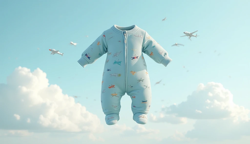 generate an image of baby romper in sky attach with aeroplane with no character