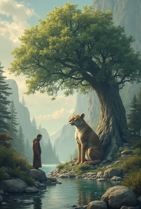 Please create three versions of images: natural, futuristic and science fiction of Forgiveness to the Inner  according to the following text:  In a landscape where on the left side a river a forest with a diversity of animals and in the background of the r...