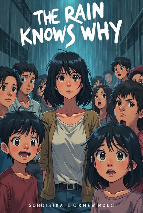 Give me a cover that has a woman and hungry young people that are drawn in anime style and that the title of the book says the rain knows why and give me in white