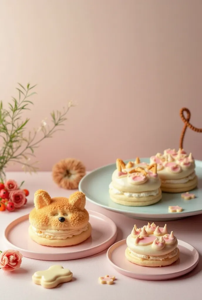 Luxury dog and cat pastries in modern minimalist setting, soft pastel colors, beautifully styled with delicate details like dog bone-shaped cookies and cat paw-print cakes on elegant plates, all surrounded by fresh ingredients and a touch of natural light,...