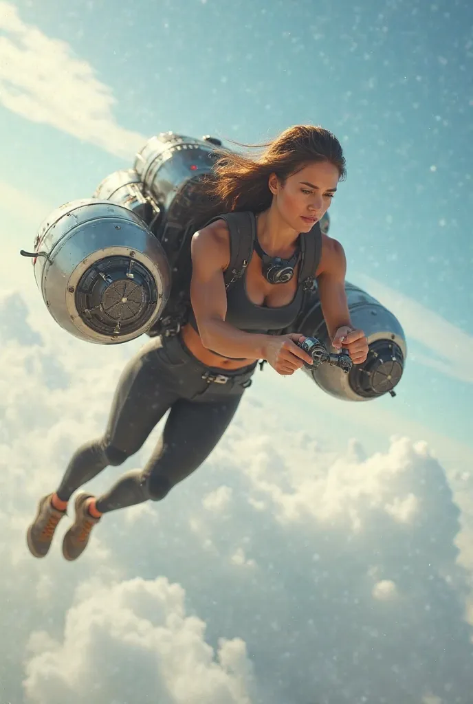 Woman flying with jetpack holding controls in both hands