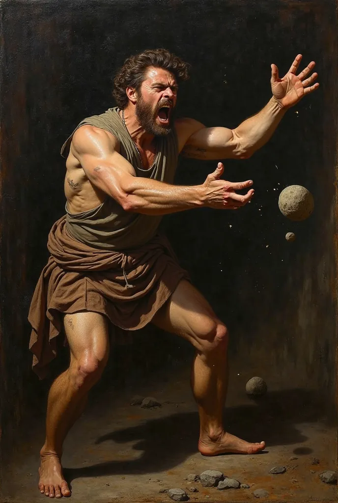 Create a Garavaggio-style painting of a peasant throwing a rock or rock in anger ,seeing the spectator