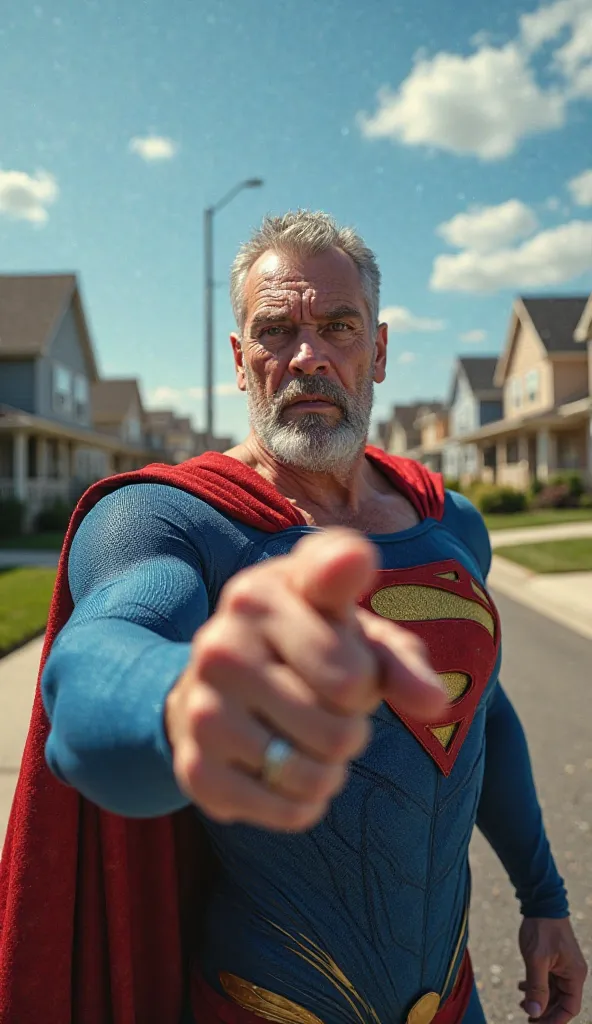 "A highly detailed 3D-style scene of a suburban neighborhood in the United States during daytime, featuring multiple houses with well-kept lawns and clear blue skies. In the foreground, an elderly Superman, with a slightly graying beard and visible wrinkle...