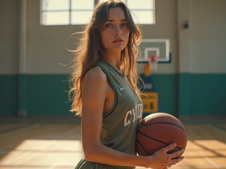 Jane Doe, playing basketball, pose genial, basketball uniform, good lighting, basketball court background, concentrated, He's getting ready for the game, pose genial,  detailed image,  female body, medium breasts, female curves, Good distance, sin balloon,...