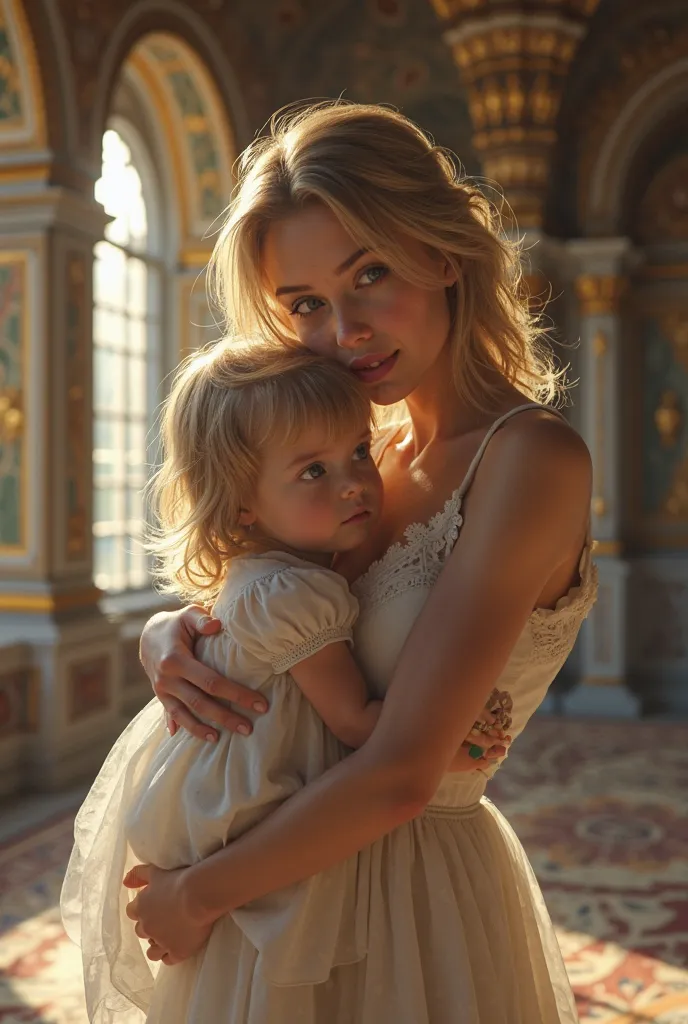 A beautiful young woman in her mid 20s,  medium length,  blond hair and blue eyes,  natural light,  with a blond  girl in her arms, in a castle 