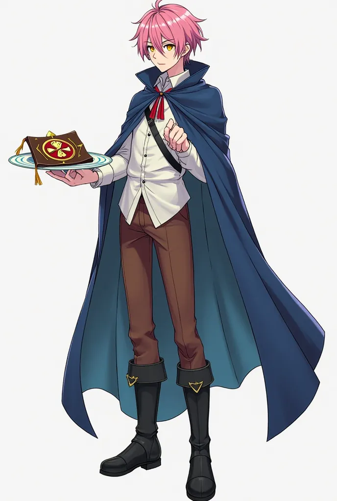 Create a male character in the traits of Black Clover,  pink hair,  Yellow Eyes, white shirt, Blue cloak, brown pants , black boots, a grimoire with a 4-pointed star on the cover and a plate of food in the hand