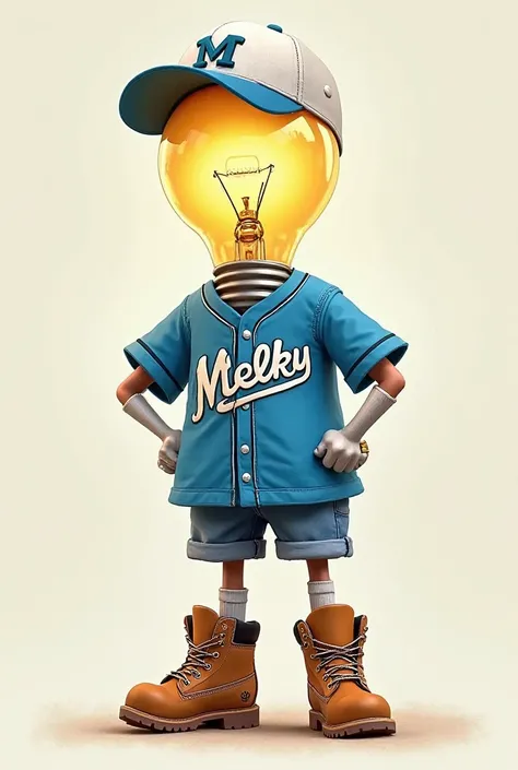 A cartoon of A light bulb wearing a blue baseball jersey that says MELKY, a short jeans with Timberland boots with white and tall socks, And that he wears a white cap with a white M in front 