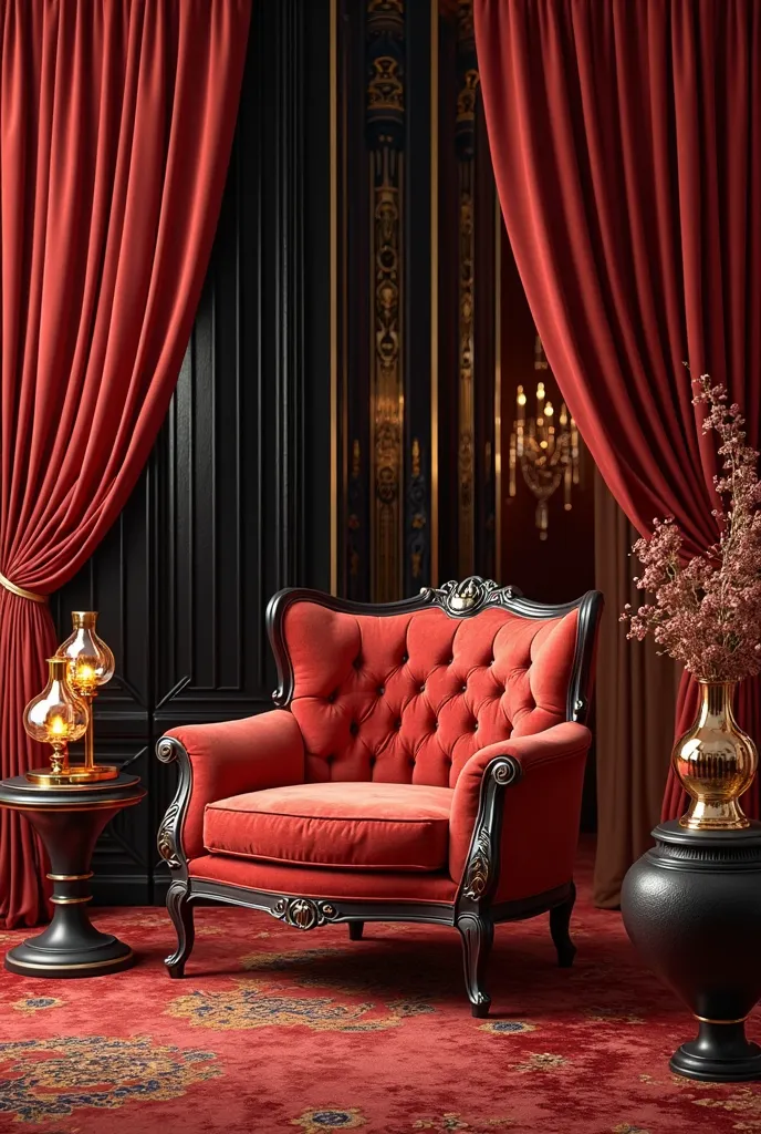 Luxurious scenography with red, black and gold tones, armchair curtains, Modern style musical glass lights 