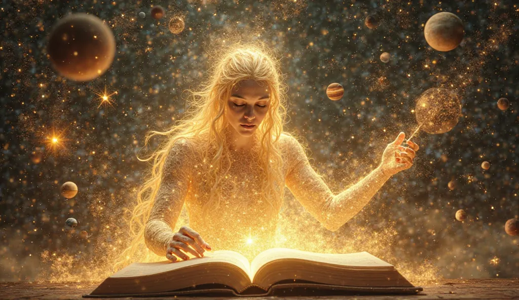 "A divine and androgynous figure, made of pure light, drawing a universe in a large cosmic book. around, planets, stars and galaxies are being created from your hands. The scene is wrapped in a golden aura, with details of fractals and sacred geometric pat...