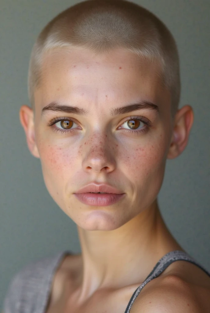 Clear image of a beautiful woman's face, bald, your skin is white,  SHE'S 18 YEARS OLD, Americana, With nationality in the United States of America, brown eyes, your face isn't thin, Actually your face is a bit full,  A common face . In other words, Your f...