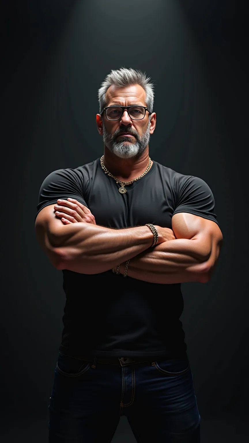 Wild muscle man, (40 year old dad:1.1), Chico 1, alone, Grey Hair (Black dress shirt), (Big shoulders), Muscle tissue, Nargon, Stubble, Short Beard, Cute eyes:1.3, ), (Detailed face:1.3), Wearing glasses, smile, Dynamic Angle, Volumetric lighting, (Highest...