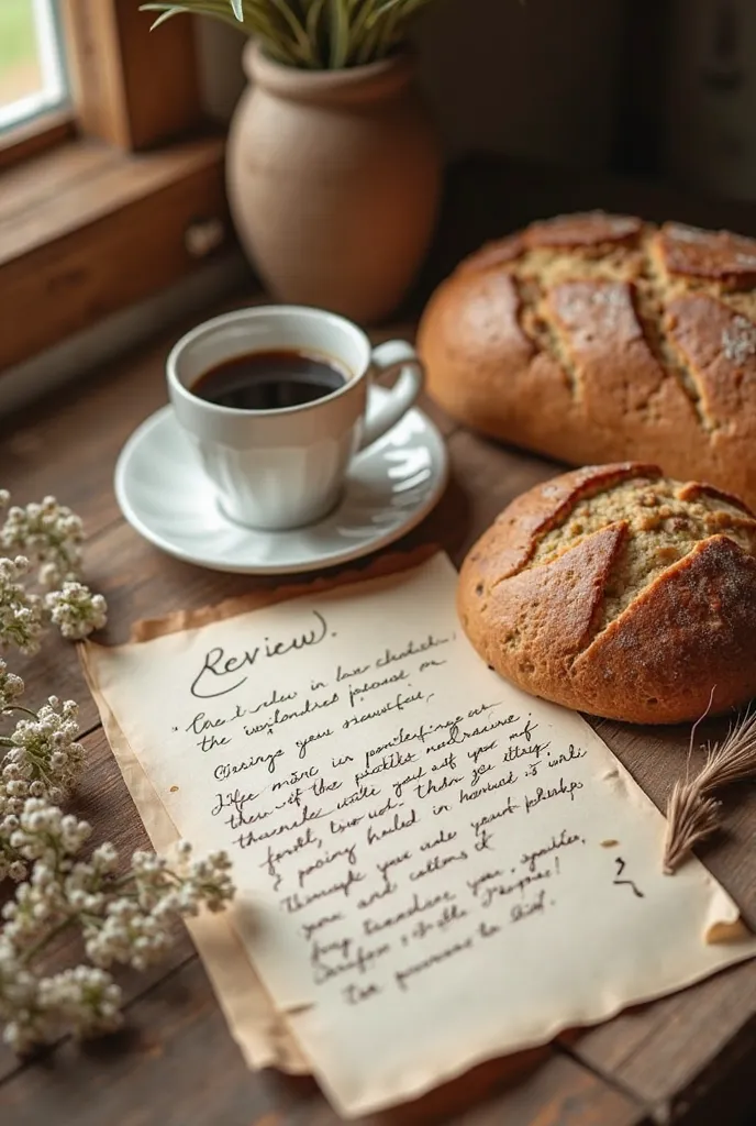 image: Stylized photo of a review written next to a cup of coffee and a loaf.
