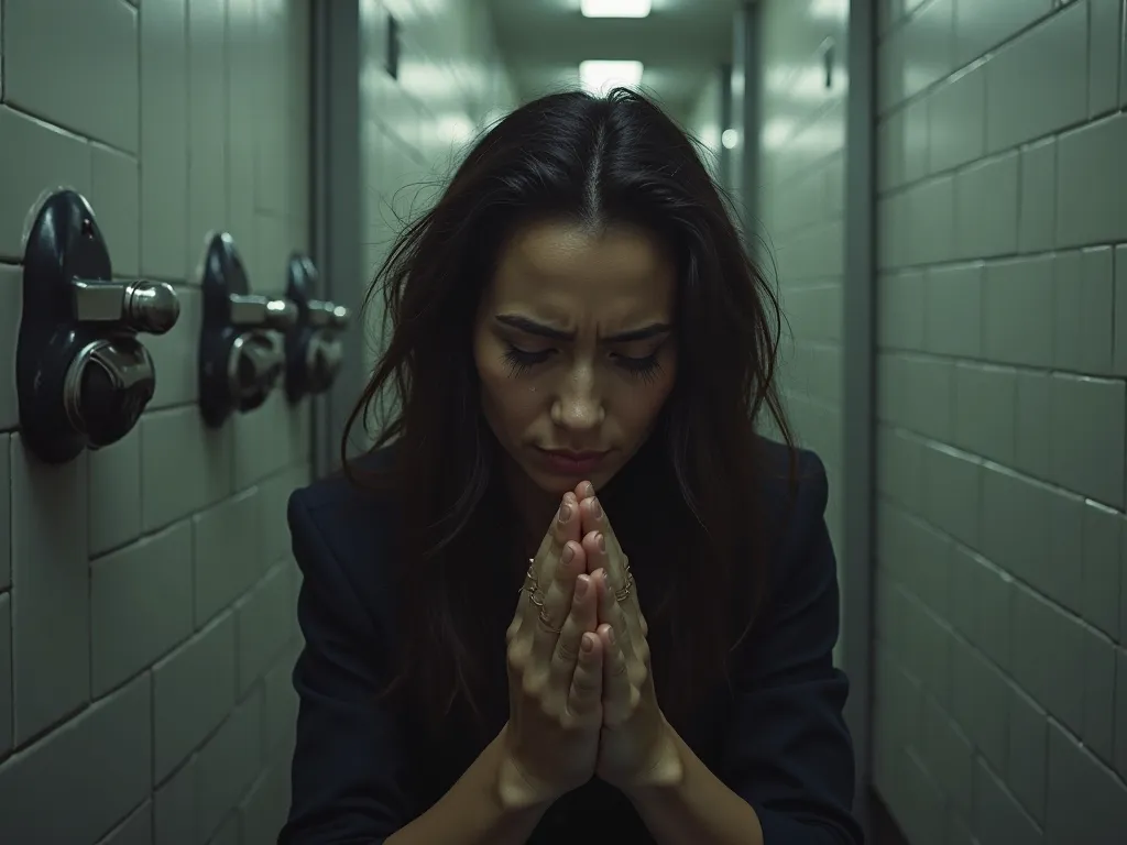 "Mariana, a woman of faith, kneeling in a corporate restroom, tears streaming down her face as she prays in silence. Her hands are clasped together, and her expression reveals a mix of sadness and hope. The lighting is soft, with a reflection in the mirror...