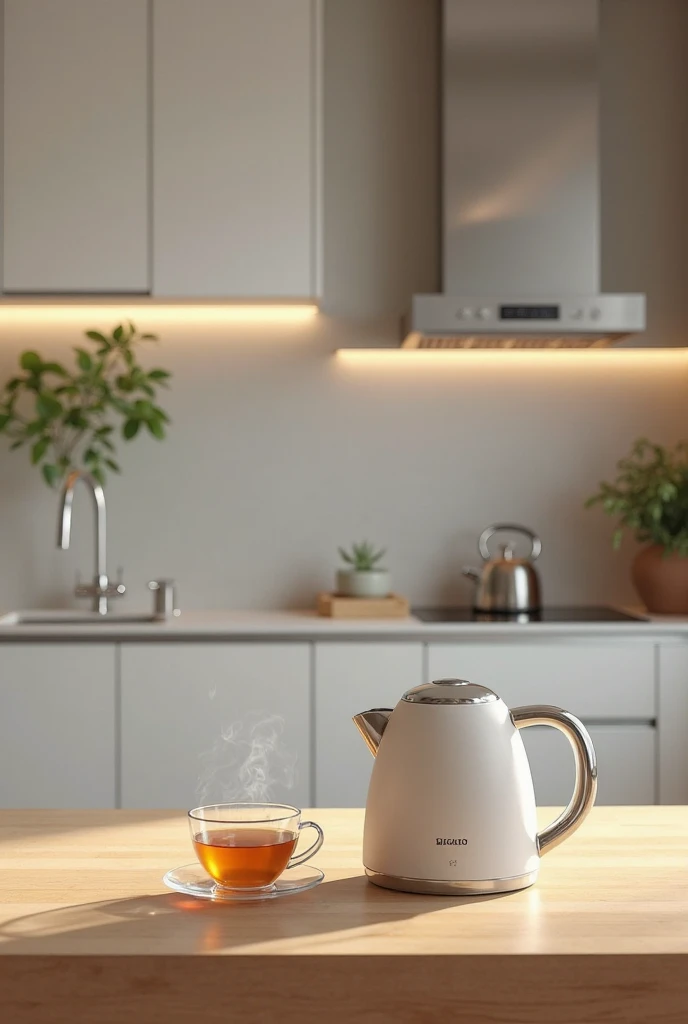 Generate a picture of a modern kitchen, In the foreground, there is a large table with an electric kettle and a cup of tea next to it