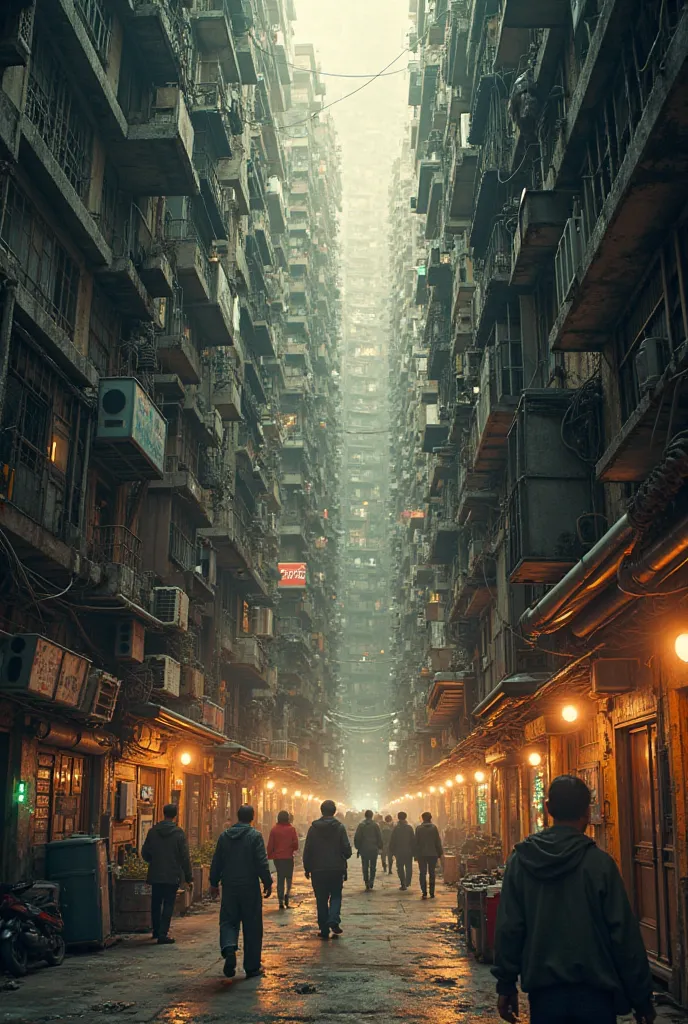 CRIE UMA IMAGEM DO monster building DE HONG KONG, IN WHICH THERE WILL BE SOME PEOPLE WALKING, THIS IMAGE WILL BE FROM INSIDE THE MONSTER BUILDING, AND IT WILL ALSO BE AT THE END OF THE MORNING 