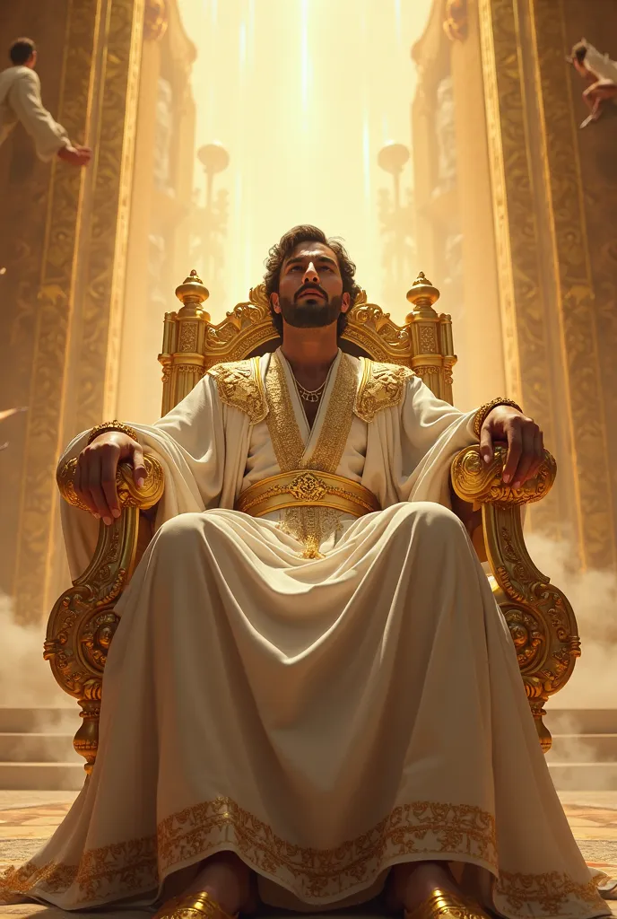 A first-person perspective, the king's point of view, seated on a majestic golden throne in the Kingdom of Heaven. Hands must be visible in the scene. The hands rest on the arms of the throne, adorned with luxurious and intricately detailed golden bracelet...