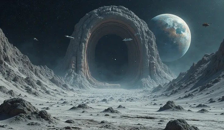 , "A stunning view from the far side of the Moon, revealing a secret alien space base. A huge opening shows the base's enormous entrance, a futuristic base can be seen within the moon's soil, with futuristic metallic structures. Small alien ships fly overh...