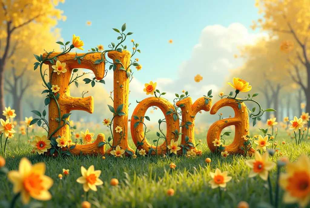 Create a poster with letter-by-letter writing "ELORA " en français dans un style Disney 4d. Thème  et JONQUILLES 