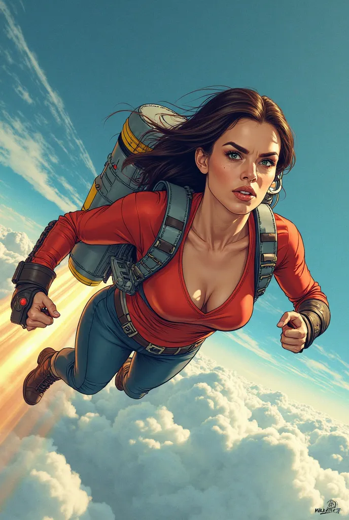 Woman flying with jetpack holding controls in both hands. Comic book style 