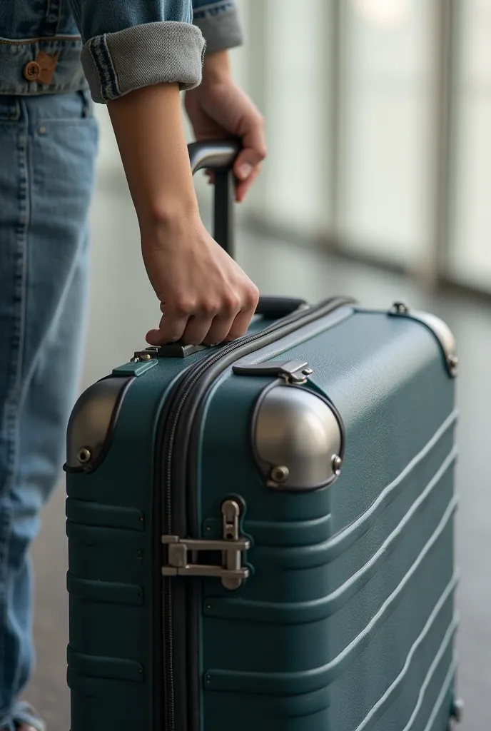 Generate a close-up picture of a suitcase, the picture must show the dimensions of this suitcase, and a girl holds on to the handle of the suitcase, but only her hand should be visible