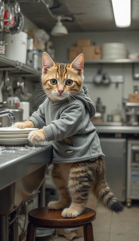 ### English:
"An ultra-realistic tabby kitten wearing a gray sweatshirt with holes in it stands on a chair in a busy kitchen, washing dishes in a sudsy sink. In the background are stacks of dishes and utensils, with a well-lit and organized professional ki...