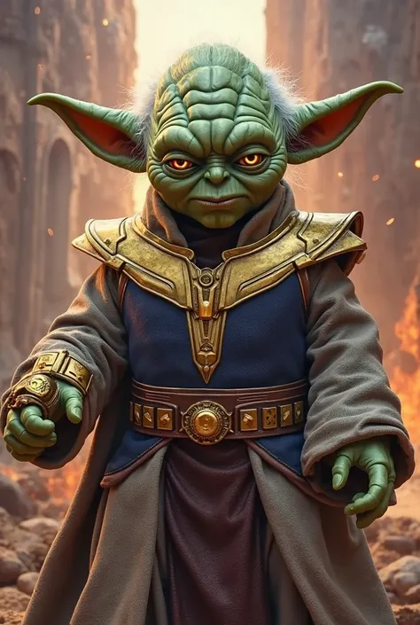 A hybrid fusion of Yoda and Thanos, combining features from both characters. The figure has Yoda's large, pointed ears and wise, wrinkled green skin, but with Thanos' strong, muscular build and imposing presence. He wears Thanos' golden armor and Infinity ...