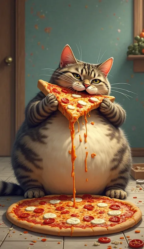 A really fat cat, Eating a giant pizza 