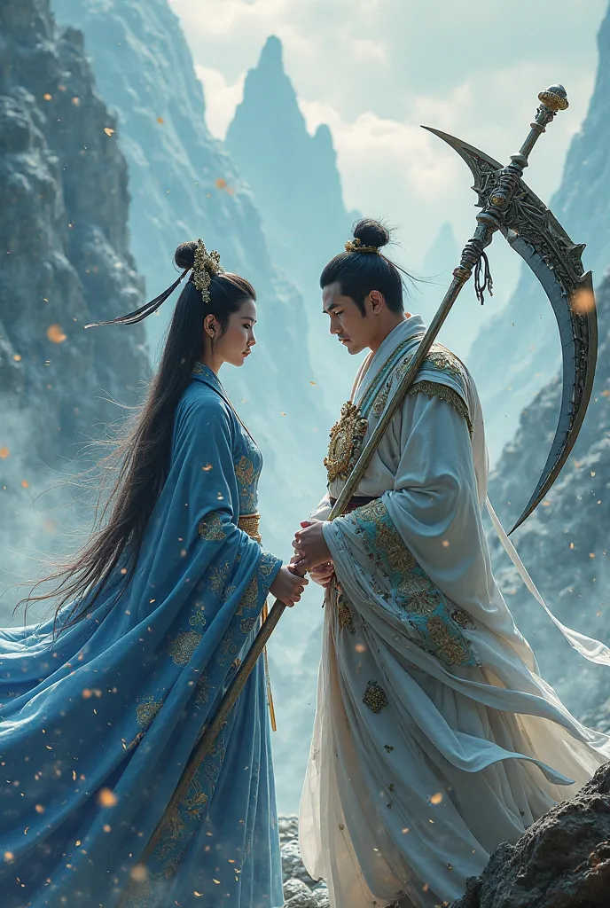 A Korean sorceress girl and a Korean man holding a scythe.