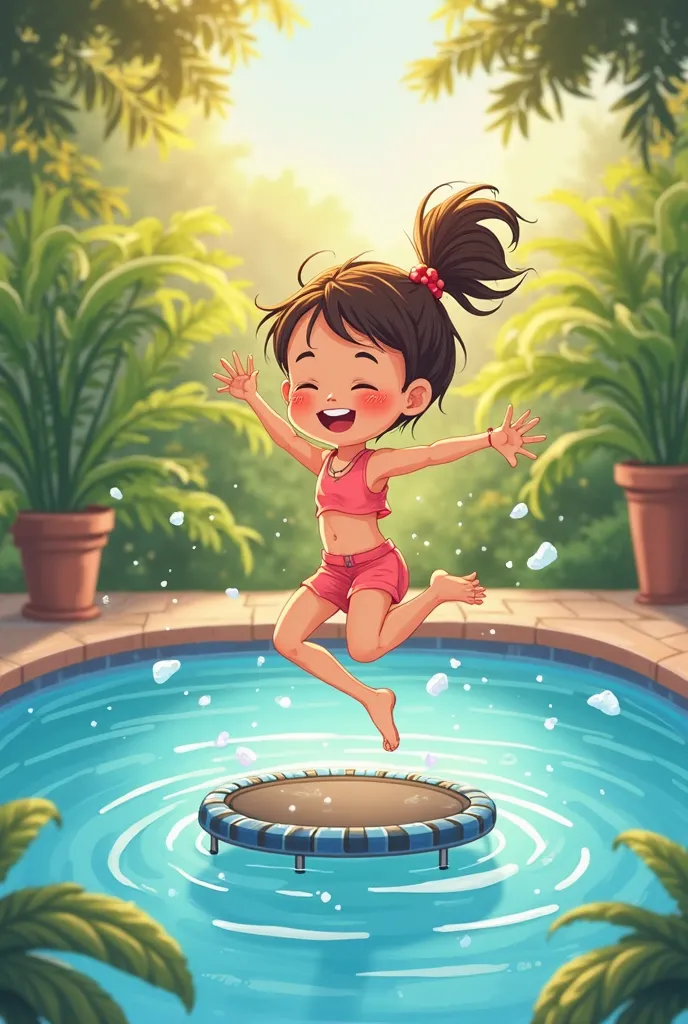 Girl on the trampoline in a pool cute cartoon 