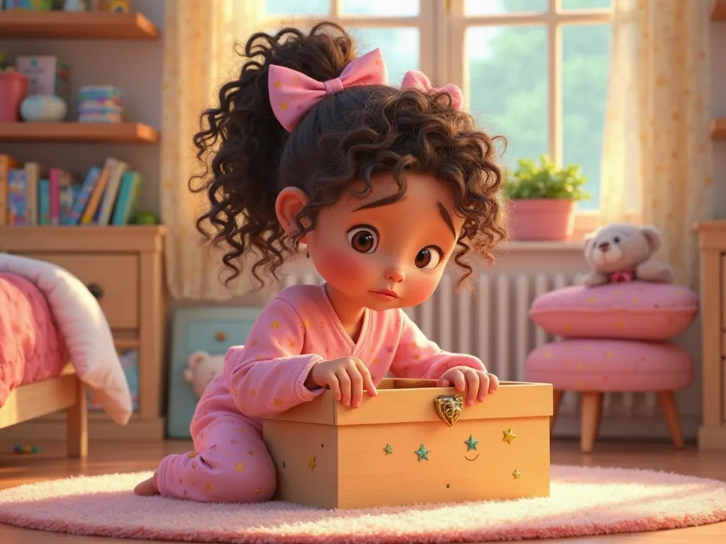  Seed number : 2980677766, An illustration of one with curly brown hair tied with colorful bows,   Dressed in pink pajamas with little stars,  in Disney Pixar style,   In her room, realistic portrait, 8k, photo-realistic,  studio lighting ,  vibrant colors...