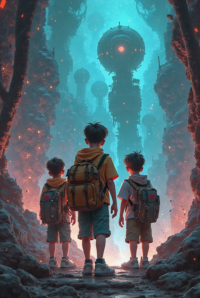 Create an RPG image as if it were a mix of Alice In Borderland and Stranger Things with three  boys