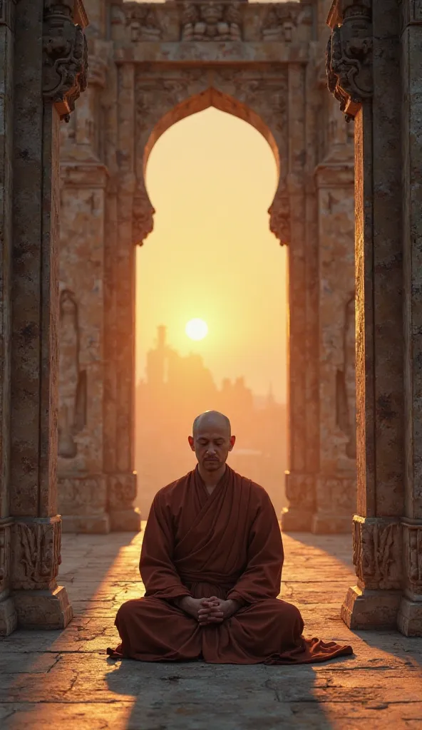 The monk is back at the temple, sitting in a meditation position. agora, his expression is more serene. The setting sun shines on his face, giving the impression of a new beginning.