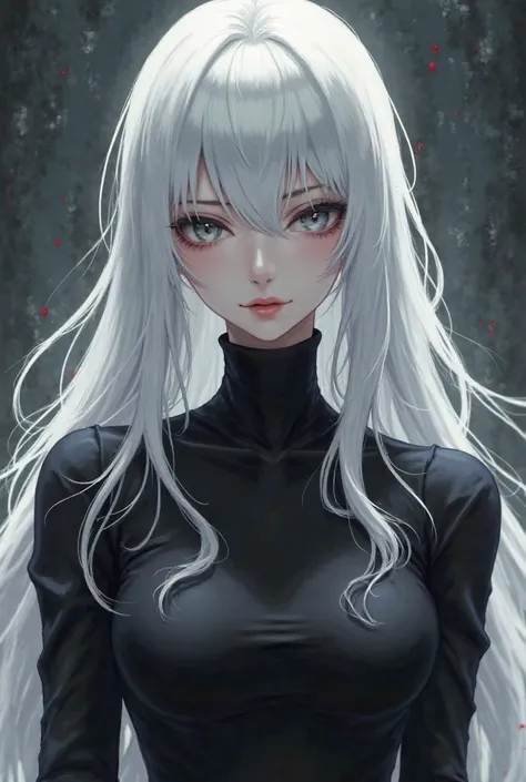  Long-haired woman, platinum white, pale skin,  gray eyes,  expressionless ,  dressed in black,  elegant, lethal, Anime 2.0
