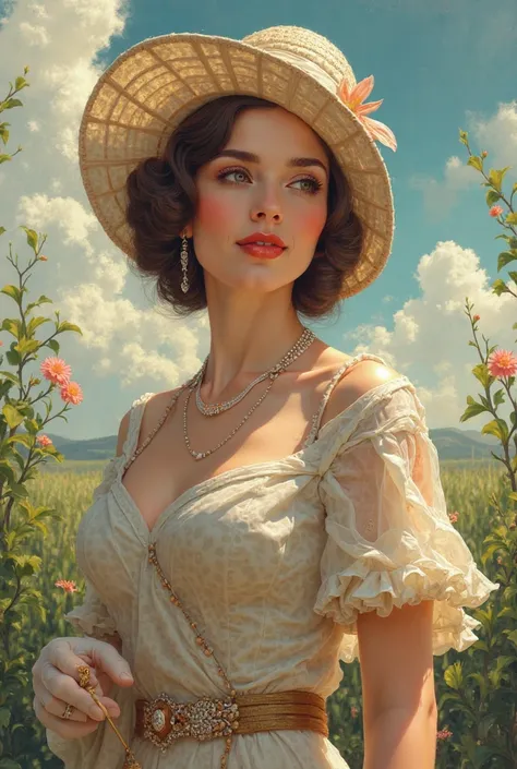 Create a highly realistic portrait of a beautiful woman set against a vibrant, idyllic background evoking the essence of the first half of the twentieth century, specifically the 1920s to 1940s, with an emphasis on meticulous details and lifelike textures,...