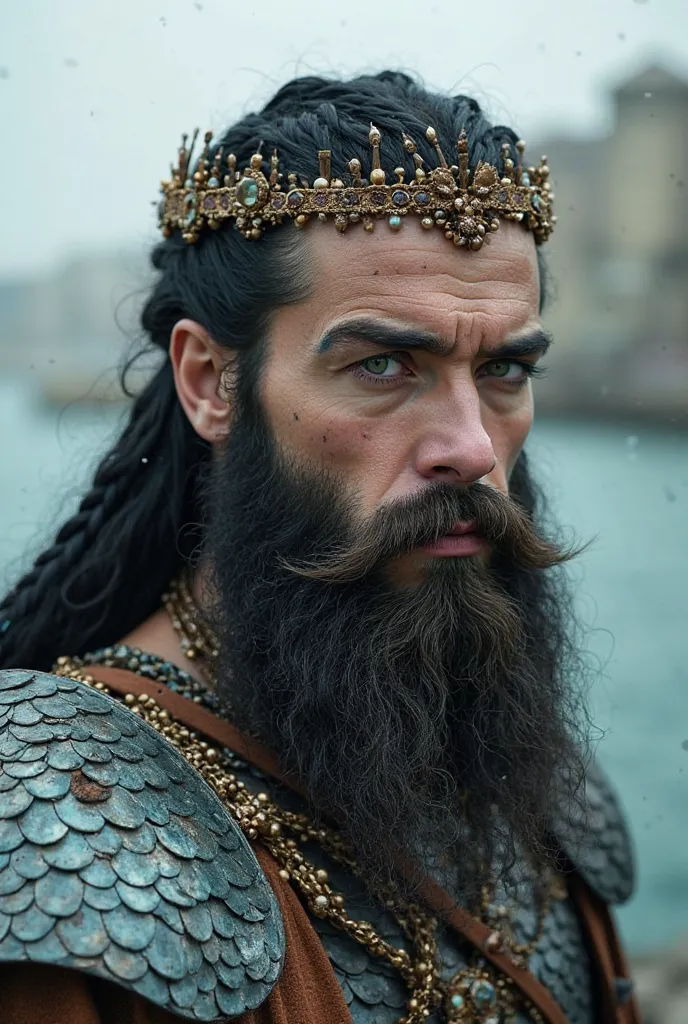 Create an image of a tall and strong white man, braided black hair, Big beard tied with beads, a crown of corals on the head, fish scale armor, intense green eyes painted with eyeliner, the background of the image is of a city in the water