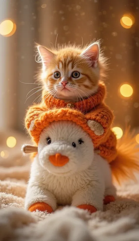 Make a front orange kitten with light orange wool cow clothing,  The kitten is on top of a large white and light orange toy horse, The cat is centered, With yellow firefly shining behind cozy, very cute,  blanket in a very cozy environment 