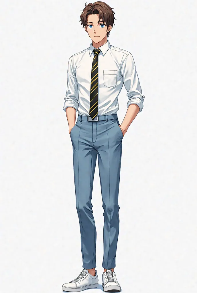 Light-skinned anime man, blue eyes, brown hair, Who was wearing a white shirt and a black tie with yellow stripes, light blue pants and white sneakers 