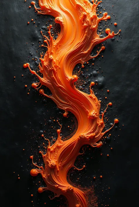 "Abstract explosion of liquid paint in vibrant black and orange tones on a deep black background. Organic forms twist and flow in a dynamic composition, with brilliant details and subtle reflections. The contrast between matte black and fiery orange create...