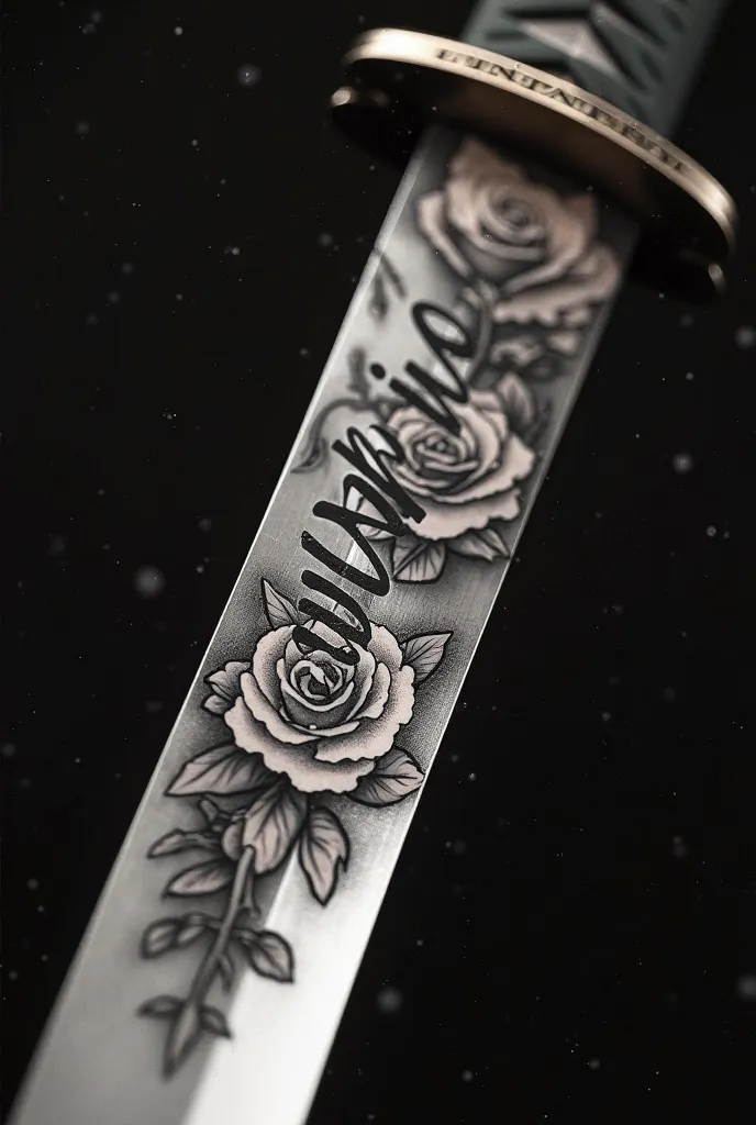 Tattoo with the name of Emilia that is on a Katana written in Spanish and in roses