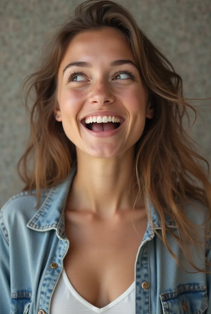  a young woman, full body view, with a radiant expression of happiness and admiration.  Your eyes are wide open , full of emotion, and your mouth is slightly open in a surprised smile. Your body transmits enthusiasm, that may be slightly tilted forward or ...