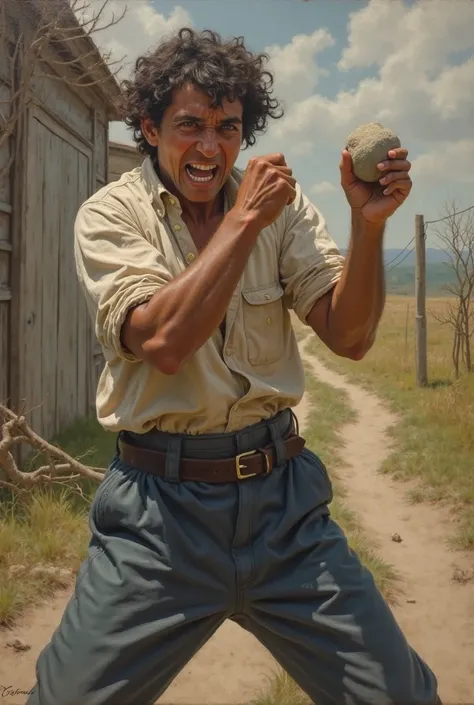 Create a William Bouguereau-style painting of a peasant approximately 25 years old with dark blue pants and a light shirt , Throwing a rock or a rock with anger ,seeing the spectator