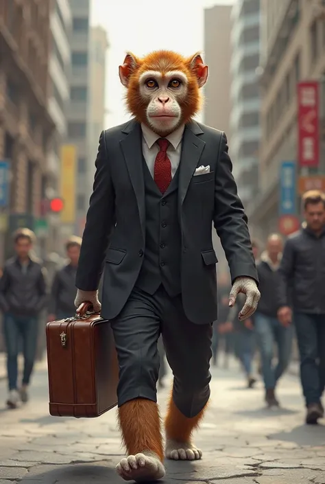 monkey wearing a business suit, walking down a busy city street while holding a briefcase. The monkey looks confident, as if heading to work in a corporate office. The digital painting is highly detailed and realistic, capturing lifelike fur textures, expr...