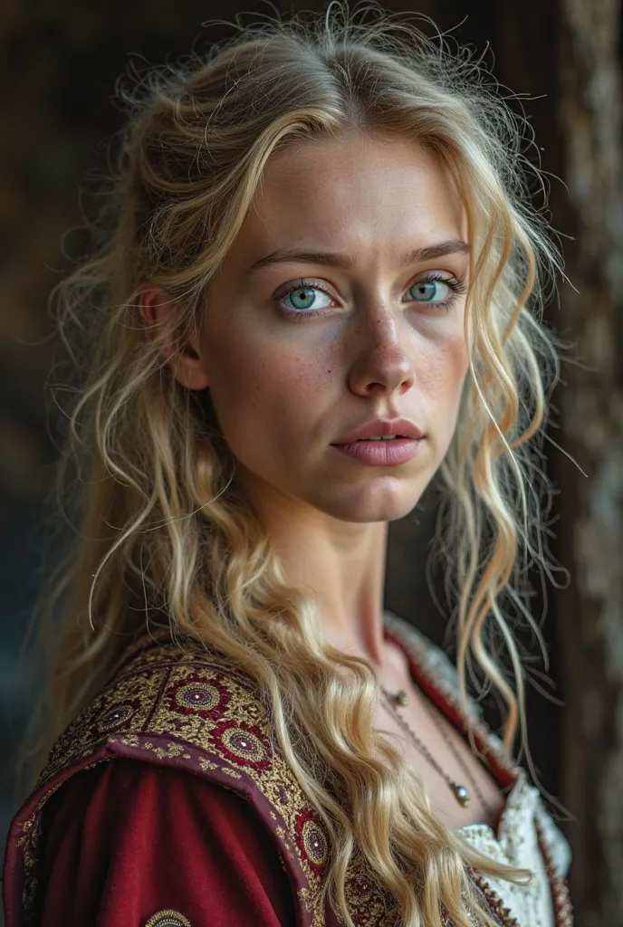 photo of an elegant and twenty-year-old Viking girl representing a beautiful and emotional memory , Blondes , dirty and greasy hair , eyes blue ,Well-defined facial contours, old viking father in and beside a rich medieval dress representing a beautiful an...