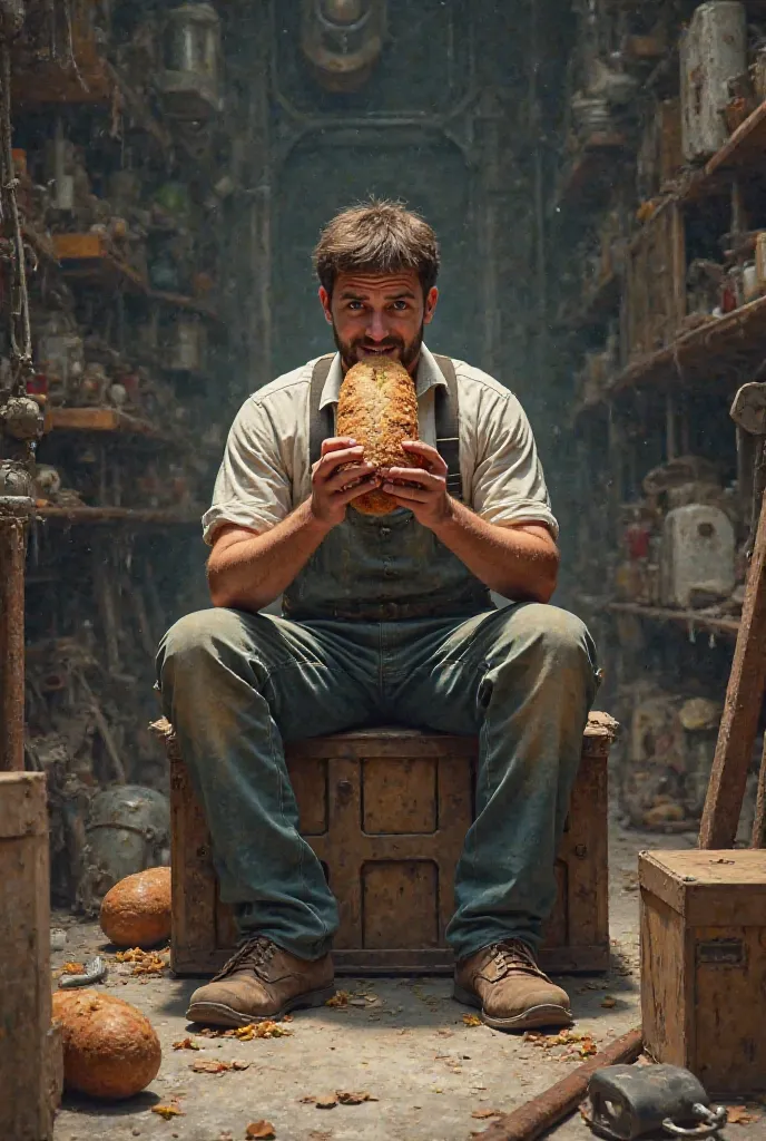 Image of  eating bread sitting on top of soiled crate inside REPAIR SHOP
