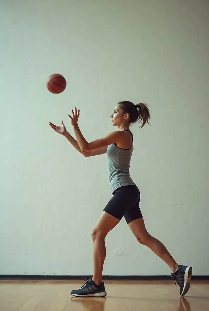 A woman standing in front of a wall and throwing a ball against the wall , The photo should be at that moment , When the ball flies towards the wall