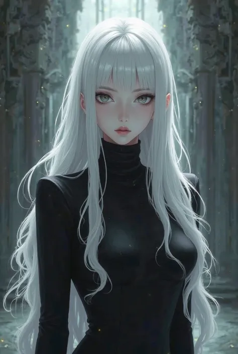  Long-haired woman, platinum white, pale skin,  gray eyes,  expressionless ,  dressed in black,  elegant, lethal, Her face is very pale and she doesn't wear makeup anime 2.0
