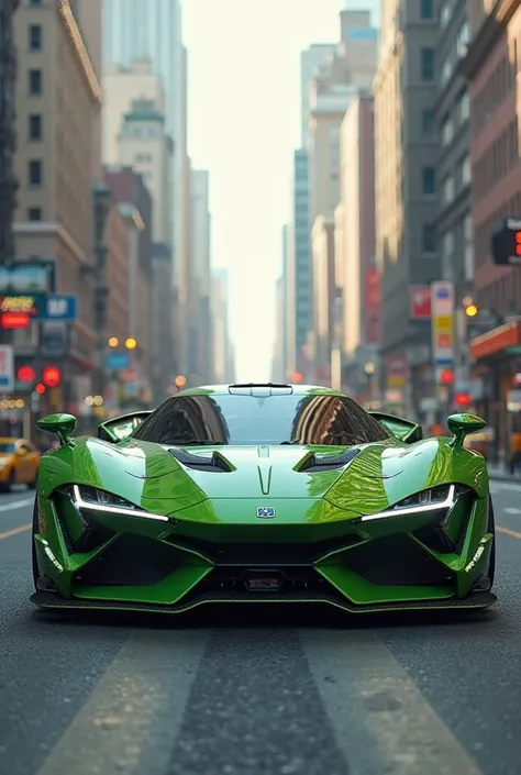 A car inspired by the Hulk , hyperrealistic 3d style in New York 